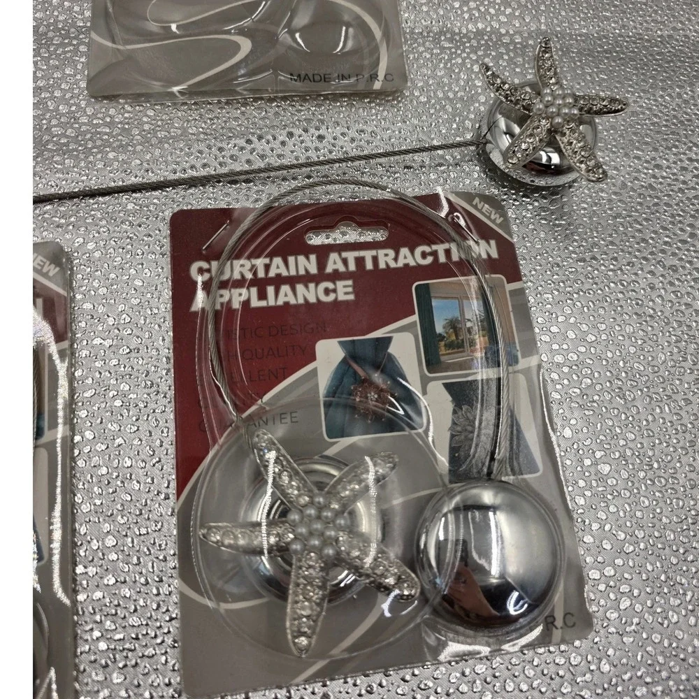 Magnetic Starfish Curtain Tiebacks Set of 3‎ Silver Rhinestone Pearl Beach O1